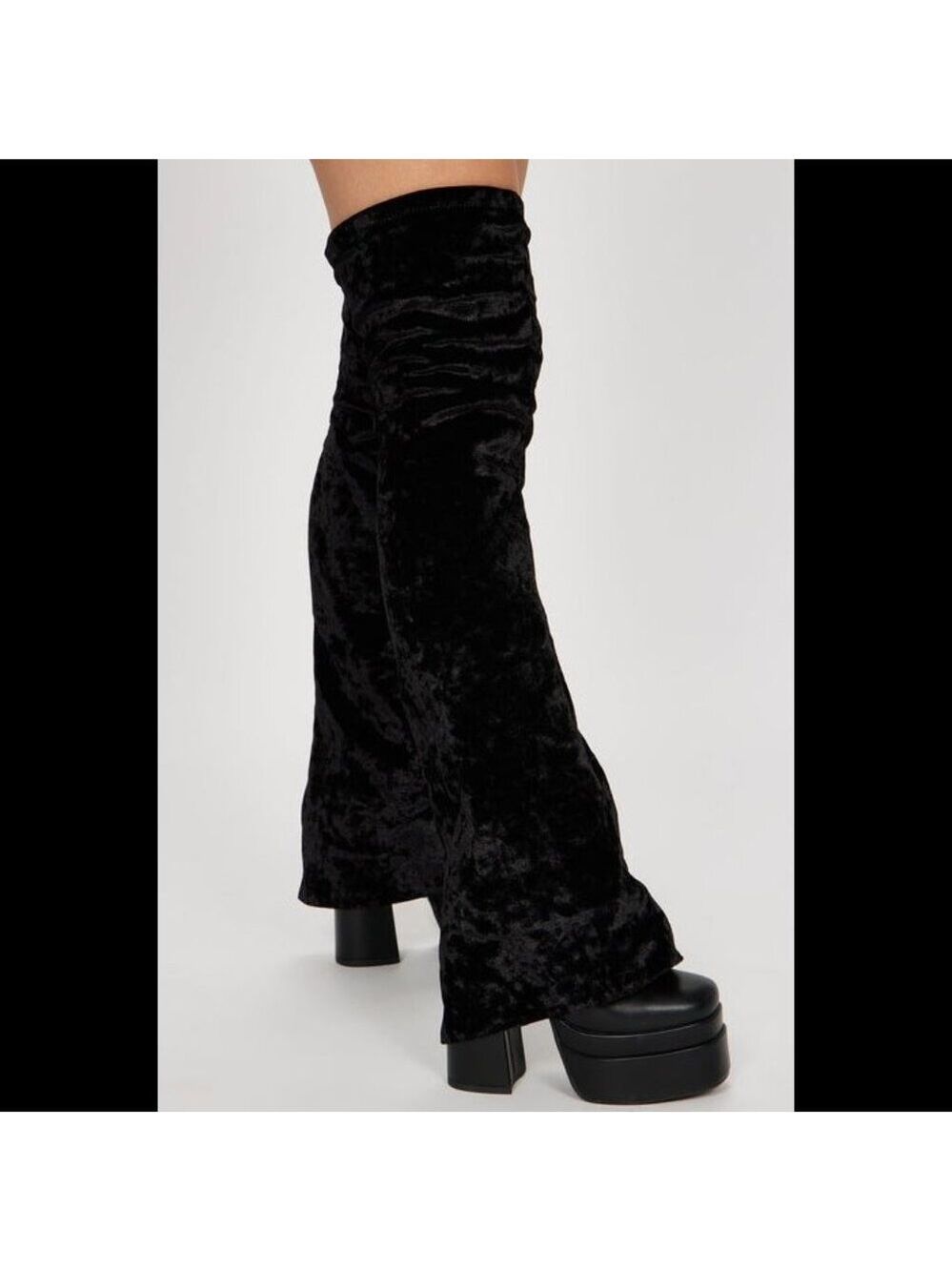 Unique Thigh High Black Velvet Fold over Skirted Chunky Heel Platform Boots - Picture 3 of 17
